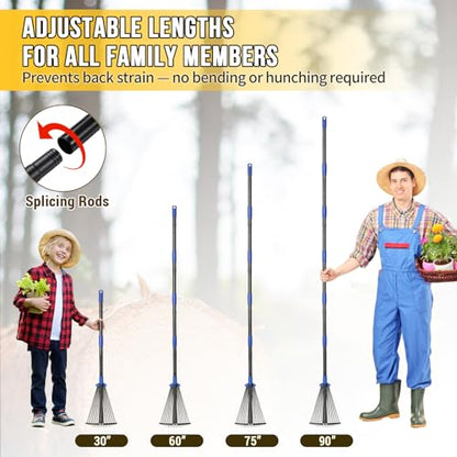 Adjustable Leaf Rake, Heavy Duty Metal Rake for Leaves, Long Handle 30"-60" with Expandable Head 8"-17", Collapsible Small Rakes for Lawns, Gardening, Yard, Camping, Shrub, Grass, Bush, Weed, Debris