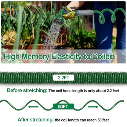 SPECILITE 3/8" Lightweight Coil Garden Hose 50 FT, EVA Flexible Water Hose - color: Green, size: 50FT
