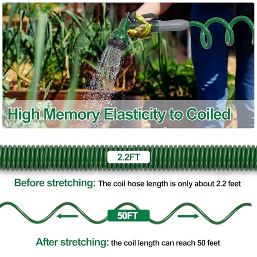 SPECILITE 3/8" Lightweight Coil Garden Hose 50 FT, EVA Flexible Water Hose - color: Green, size: 50FT