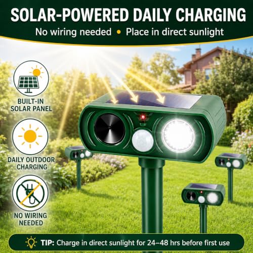 Solar Animal Repellent Outdoor Sonic Fortress Pro Deer Repellent Devices,Waterproof Ultrasonic Deterrent with Motion Activated & Light for Cat Raccoon Rabbit Fox Deterrent for Chicken Coop Yard,2 Pack