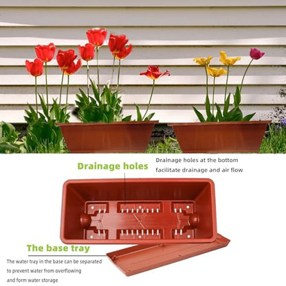 7 Pack Window Box Planter, 17 Inches Plastic Flower Vegetable Planters Boxes with Drainage Holes and Trays Rectangular Flower Pots for Indoor Outdoor Garden, Patio, Home Decor (7, Brick RED)