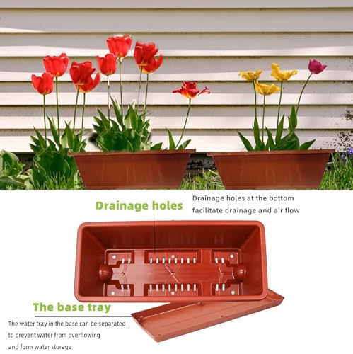 7 Pack Window Box Planter, 17 Inches Plastic Flower Vegetable Planters Boxes with Drainage Holes and Trays Rectangular Flower Pots for Indoor Outdoor Garden, Patio, Home Decor (7, Brick RED)