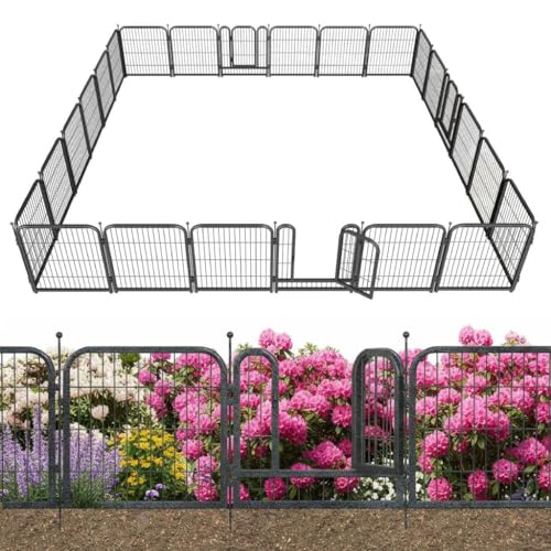 Decorative Garden Fence 54ft (L)×32in (H) with 21 Panels 3 Gate Outdoor, No Dig Rustproof Wire, Metal Animal Barrier Fencing for Outdoor Yard Patio Flower Bed,（Black-Silver） - size: 32in(H)x54ft(L)