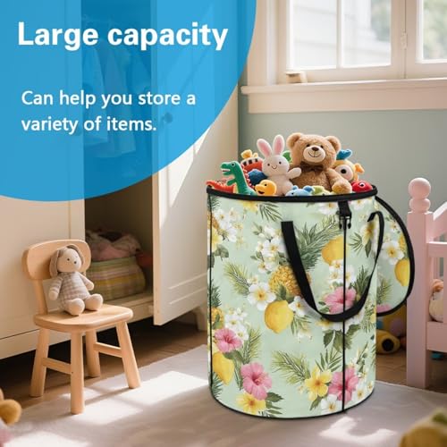 BIGCARJOB Floral Pineapple Collapsible Trash Can Portable Tall Trash Can Oval Recycling Bin 22.83x17.71 Outside Garbage Bin Storage Bag with Clip and Zipper Lid - color: Floral Pineapple