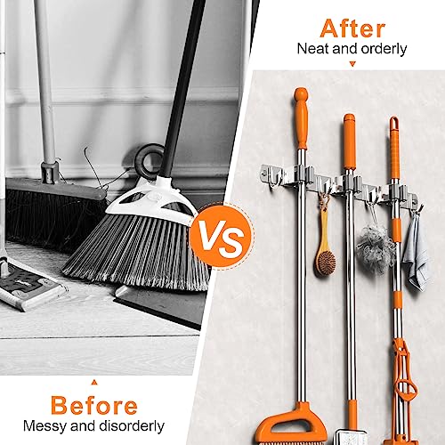 2 Pack Mop and Broom Holder Wall Mount for Kitchen Garden Garage Laundry - color: Silver, size: 2 Pack 3 Racks with 4 Hooks