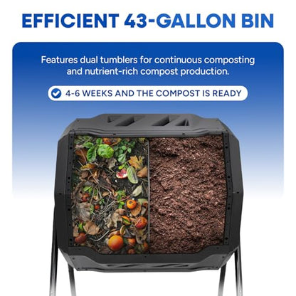PLASTIC PRINCE Compost Tumbler Rotating Garden Compost Bin Outdoor Dual Chamber 43 Gallon Backyard Composter Tumbling Barrel Mixer Outside, Large, Green - color: Black/Green