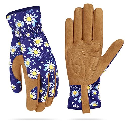 Womens Gardening Weeding Working Gloves, Leather Garden Glove for Women Thorn Proof No Stab for Digging, Planting,Pruning - color: Dark Blue-large