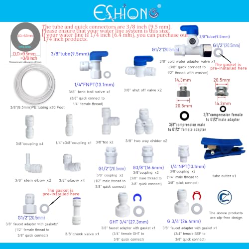 ESHIONG NSF Certified 3/8" O.D. Push to Connect Fittings for RO (Reverse Osmosis) Water Filter 30 pcs+30 feet 3/8" Water tubing. - style: 3/8" R.O.Tubing Fittings Kit