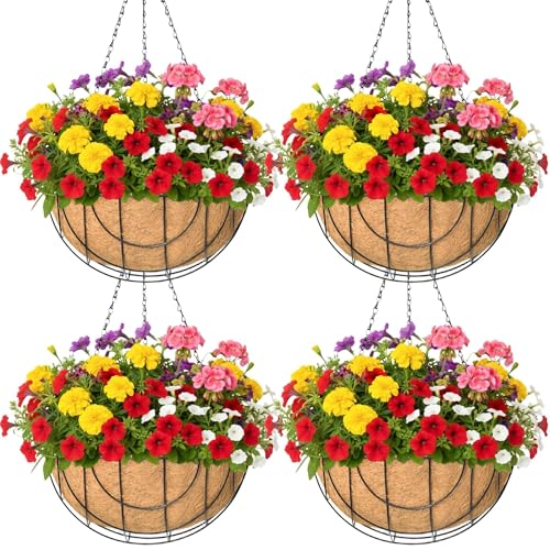 4 Pack 14 Inch Hanging Baskets for Plants Outdoor Metal Hanging Planter Basket with Coco Coir Liner Hanging Flower Baskets Hanging Flower Pots Holder for Garden, Patio(Earth) - size: 14 Inch, style: Country Rustic