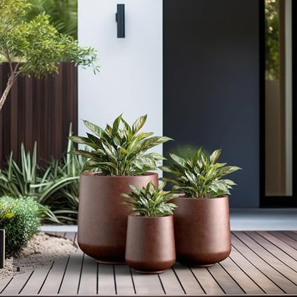 Kante Set of 3 Rusty Concrete Curved Planters 16.5" 13" 9.4" Dia - color: Rusty, size: Set of 3: 15.3" + 11.6" + 8.2" D