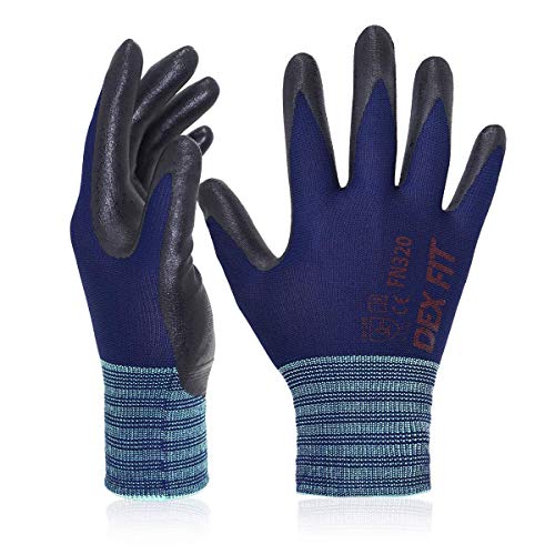 DEX FIT Premium Nylon Work Gloves FN320 - Firm Nitrile Grip, 3D-Comfort Stretchy Fit, Thin & Lightweight, Protective & Durable, Breathable, Machine Washable; Navy 8 (M) 1 Pair - color: Navy, size: Medium