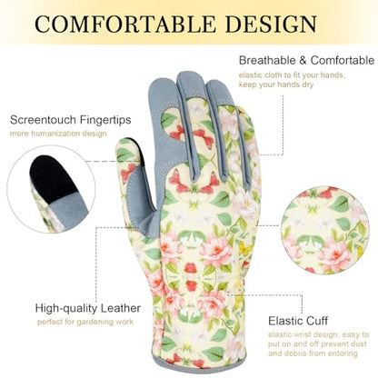 Leather Gardening Gloves for Women Thorn Proof Garden Gloves Touch Screen Working Gloves Gifts,M - color: Butterfly