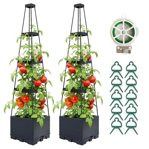 2 Pack Raised Garden Bed Planter Box with Trellis, 57" Self-Watering Tomato Planter with Trellis, Tomato Cage Plant Support for Climbing Plants Vegetable Vine Flowers Patio Outdoor Indoor