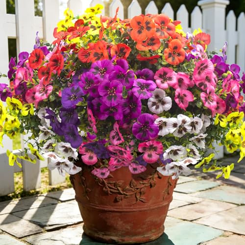 Grunyia 16 Bundles Artificial Pansy Flowers for Outdoor, UV Resistant Fake Silk Pansies, 8 Colors Faux Spring Flowers with Stems for Porch Patio Yard Window Box Home Decor - color: Mix3(white,yellow,purple,red,pink,light Purple, Orange,white Purple)
