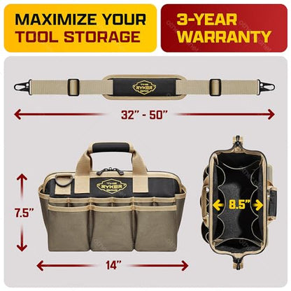 Ryker 14’’ Heavy Duty Tool Bag. Tool Box Organizer for Electricians & HVAC - color: Khaki