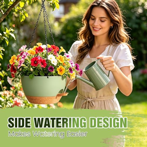 8 Inch Self Watering Hanging Planters Set of 3 with Saucers - color: Green Brown, size: 8 Inch 3 Pack