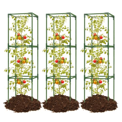 3 Pack 47 Inch Heavy Duty Height Adjustable Square Tomato Cage - color: Dark Green