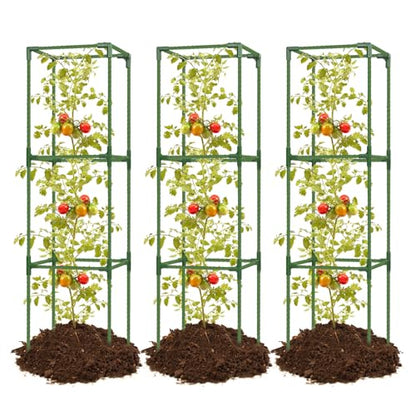 3 Pack 47 Inch Heavy Duty Height Adjustable Square Tomato Cage - color: Dark Green