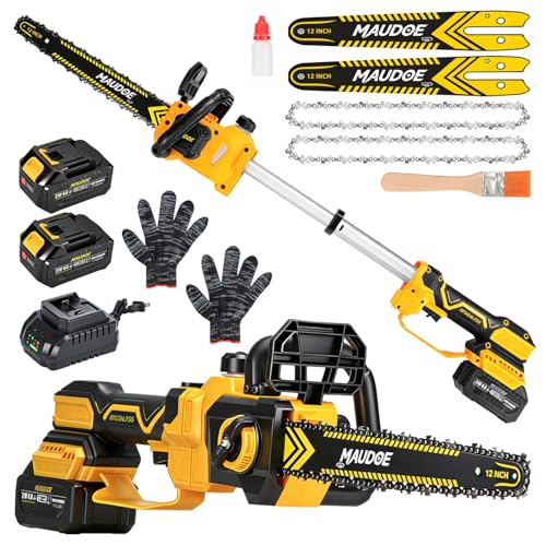 12" Telescoping Codless Chainsaw, 2-in-1 Cordles Pole Saw with 2 x 4.0Ah Batteries, 21V Brushless ChainSaw with 2 Chains & 2 Guide Plates, Tool-Free Tension, for Tree Trimming & Branch Cutting
