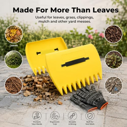 Leaf Scoops and Claws with Gardening Gloves, Large Lightweight Plastic Hand Rakes Yard Grabber for Lawn Clippings, Grass & Trash Pick Up, Ergonomic Adjustable Handles(Yellow) - color: Yellow