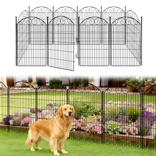 COLRASN 10 Panels No Dig Decorative Garden Dog Fence Outdoor for Yard, 48in(H) x 24.16ft(W) with Latch Tall Animal Barrier Fenceing Panels, Rustproof Ground Stakes Temporary Wire Screen for Patio - size: 48 in(H) X 24.16ft(L)(+1 Lock)