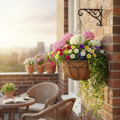 Unique Metal Iron Geometric Hanging Planter Set of 4 Stylish 12 Inch Extra Deep Coco Liner Breathable Heavy Duty Balcony Tree Hanging Basket Drop Weatherproof （Geometric Patterns） - color: Geometric