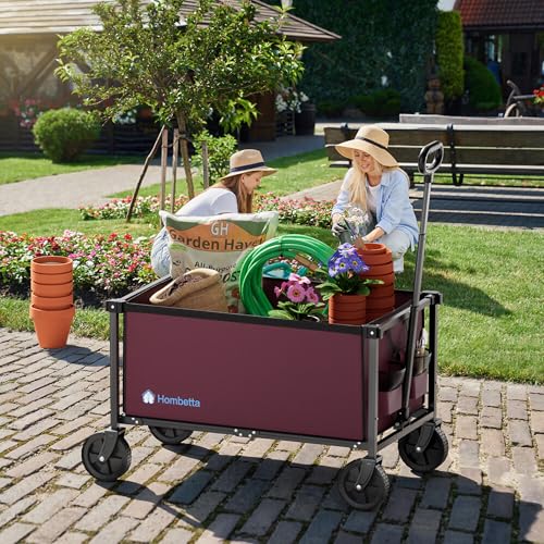 29.3" Collapsible Wagon Cart, 150L Heavy Duty Folding Utility Wagon with Wheels, 260 lbs Load, Portable Rolling Cart for Garden, Shopping, Sports, Camping, WineRed - color: Winered, size: 150L