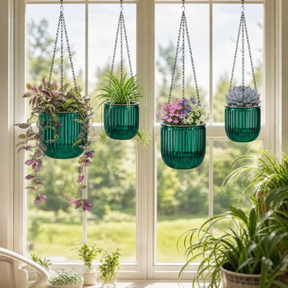 Pumtus 4 Pack Self Watering Hanging Planters, 6.5'' & 4.5'' Plastic Indoor Outdoor Flower Pot, Round Basket with Drainage Hole & Detachable Chain, Succulent Plant Container for Patio Garden Home Decor