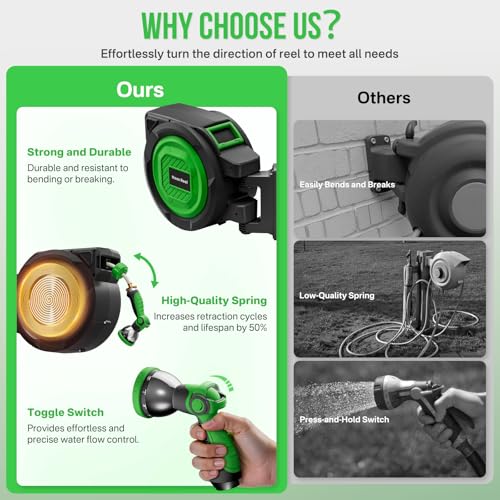 Retractable Garden Hose Reel, 1/2 in x 150 ft Heavy Duty Wall-Mounted Hose Reel with 180° Swivel Bracket, 10-Pattern Nozzle, Automatic Slow Rewind System, Any Length Lock for outside Watering,Cleaning