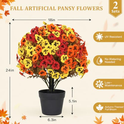24" Artificial Fall Pansy Flowers for Outdoors, Faux Topiary Potted Plants - color: Pansy Yellow-orange-red