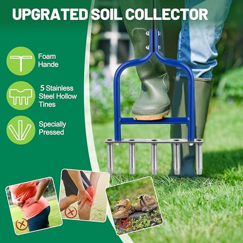Lawn Coring Aerator, Stainless Steel 5 Corer Plug Aerator Tool with Soft Rubber Grip, Manual Grass Aerating Tool, Garden Tool & Cleaning Hand Tool for Loosening Soil and Improving Lawn Health.