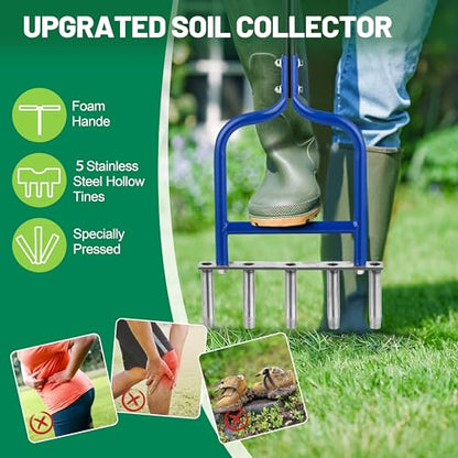 Lawn Coring Aerator, Stainless Steel 5 Corer Plug Aerator Tool with Soft Rubber Grip, Manual Grass Aerating Tool, Garden Tool & Cleaning Hand Tool for Loosening Soil and Improving Lawn Health.