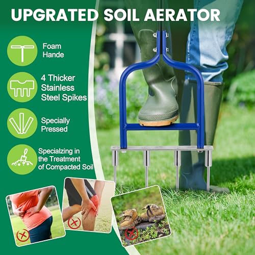 Spike Tine Fork Lawn Aerator - Four 5.2'' Stainless Steel Spikes Manual Gardening Hand Tool - Grass Dethatcher Aerator Lawn Tool with Solid Tines for Compacted Soil - Lawn Plugger Aerator.