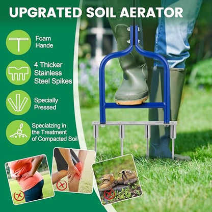 Spike Tine Fork Lawn Aerator - Four 5.2'' Stainless Steel Spikes Manual Gardening Hand Tool - Grass Dethatcher Aerator Lawn Tool with Solid Tines for Compacted Soil - Lawn Plugger Aerator.