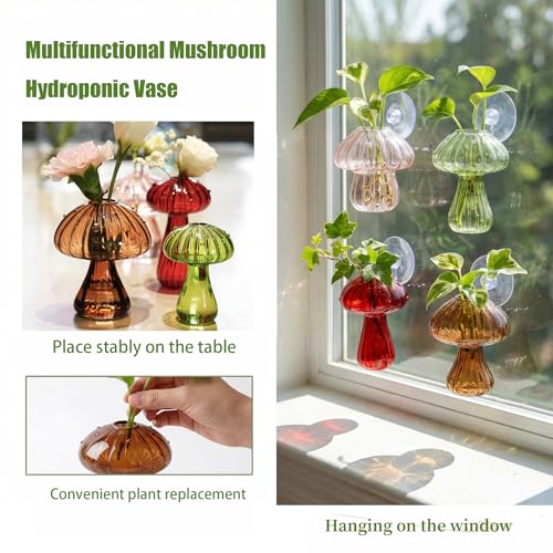 Window Propagation Stations, Propagation Vases, Colored Mushroom Glass Vases with Suction Cups, Nail-Free Easy-Install Wall-Mounted Planters, Plant Lover Gifts (4-Pack)
