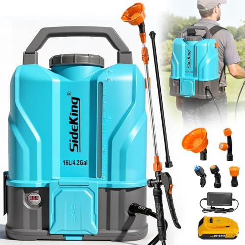 SideKing 4.2 Gallon Battery Powered Backpack Sprayer, 120 PSI Powerful Electric Sprayer Compatible with DeWalt 20V Battery, Max 1.0 GPM, 5 Nozzles & 2 Spray Wands for Lawn, Yard, Weed & Pest Control - size: 4.2 Gallon
