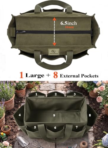 Garden Tool Bag, 9-Pocket Gardening Organizer Tote with Shoulder Strap, Heavy Duty Green Tool Bag
