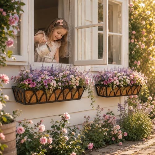 Y&M 4pcs 24 Inch Planter, Metal Window Boxes with Coco Liner, Indoor Outdoor Hanging Flower Planter for Garden, Lawn, Balcony, Porch, Fence, Patio Rail - size: X - 24in 4P