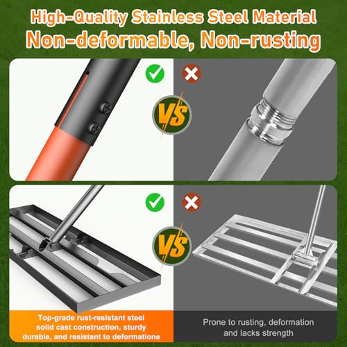Lawn Leveling Rake, 30"x10" Leveler with 78" Adjustable Handle - color: Orange