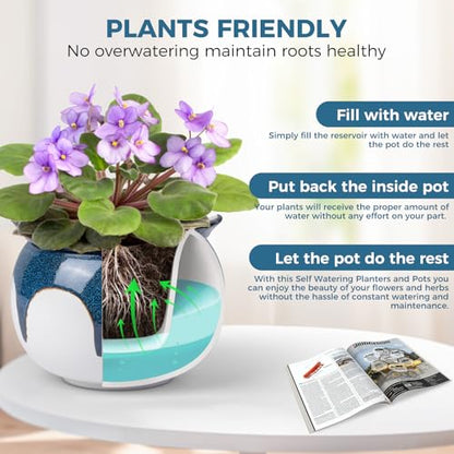 BUYMAX African Violet Pots, 6 inch Ceramic Easy Self Watering Plant Pot for Busy Plant Lovers, Automatically Absorb Appropriate Amount of Water, Flower Pot Indoor-Plants Not Included(Blue) - color: White-blue