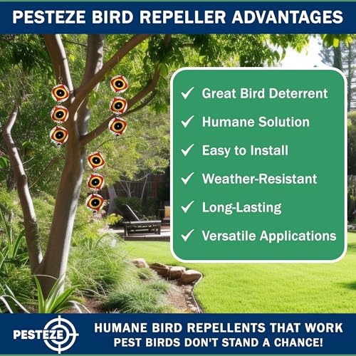 PESTEZE USA Bird Deterrent Discs 3 Pack–Holographic Reflective Circles with Predator Eyes & Bell to Scare Birds Away–Humane Repellent Keeps Birds, Pigeons, Crows & Sparrows from Gardens, Trees, Patios