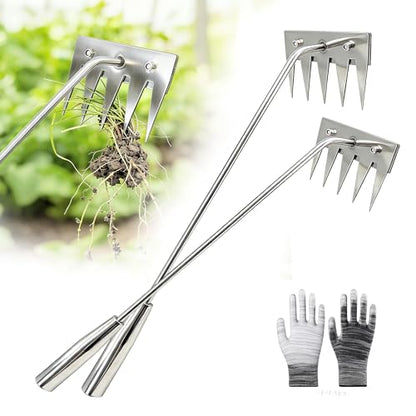 2Pcs Weed Puller Tool - 2026 Portable Manual Weeding Tools Gardening, 5 Teeth Head Stainless Steel Hand Garden Weeding Rake, Weed Remover Tool for Gardening Backyard Yard Farm Planting - color: Silver-2pcs