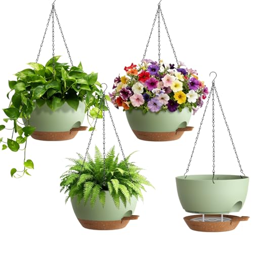 UOUZ 4 Pack 8 Inch Self Watering Hanging Planters for Indoor Outdoor Plants，Hanging Pots for Plants with Drainage Removable Tray, Hanging Baskets Flower Pots for Pothos Spider Garden Green with Brown - color: Green With Brown, size: 8inch-4pack