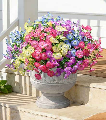 Artificial Flowers Fake Plants for Outdoors Decoration, 12 Bundles Silk Morning Glory with Eucalyptus Realistic UV Resistant Faux Flowers for Outside Planter Porch Yard Patio Garden Home Indoor, Mix - color: 4 Gradient Mixed Color (3 Pink, 3 Yellow, 3 Pur