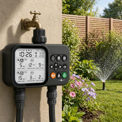 Programmable Outdoor Irrigation Controller with Rain‑Delay, IP54 Weather‑Resistant Auto Watering Sprinkler Device for Lawn, Yard & Flower Beds, Compatible with Standard 3/4‑Inch Faucet Thread