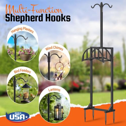 Garden Hose Holder, Water Hose Stand for Outside with 4 Stake and 2 Shepherds Hooks, Freestanding Hose Storage Holds 150Ft, Heavy-Duty Metal Hose Hanger Rack for Yard, Lawn, Farm