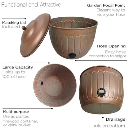 BSTGIFTS Garden Water Hose Holder - Decorative Metal Pot, Metal Hose Storage Pot, Garden Storage Organizer, Patio Portable Bucket - Antique Copper Accents, Holds up to 100ft Hoses (Embossed)