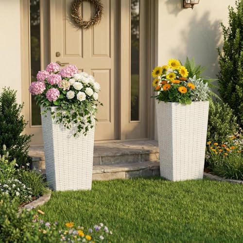 30in Front Porch Planters Outdoor Set of 2, Large Taper Planters with Drainage Holes＆Inner Bucket, Tall Plastic Pots White Rattan Decor Plant Pots for Home,Garden,Patio,Backyard