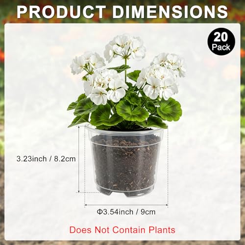 M METERXITY 20 Pack Clear Nursery Pots with Drainage Holes, Sturdy Plastic Seedling Starter Pots for Plants, Vegetable, Succulent, Propagation, Seed Starting, Root Cutting [4'' x 3''] - size: 3.54''