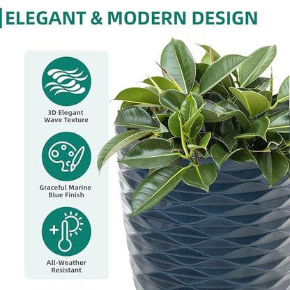 19" Wavy Ceramic-Look Outdoor Planters for Plants Set of 2 Tall Pots - color: 19"h-navy Blue Wavy